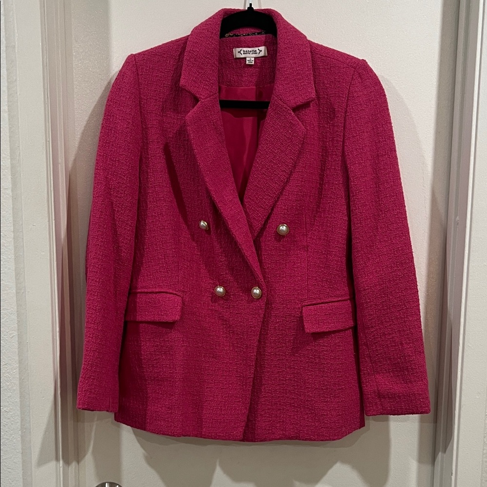 Nanette Lepore Fuchsia Double-Breasted Woven Blazer Gold & Pearl Button Size 4